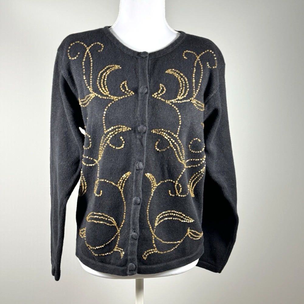 Dress Barn Black Amber Beaded Cardigan‎ Ramie Cotton Womens M Shoulder Pads